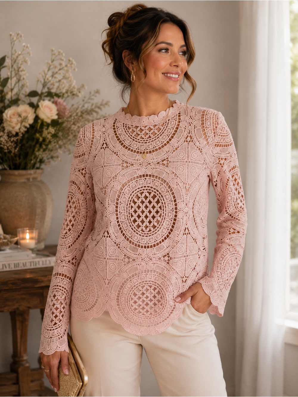 NWT Blashe Dusty Pink Crochet Lace Long Sleeve Blouse XL Romantic Boho